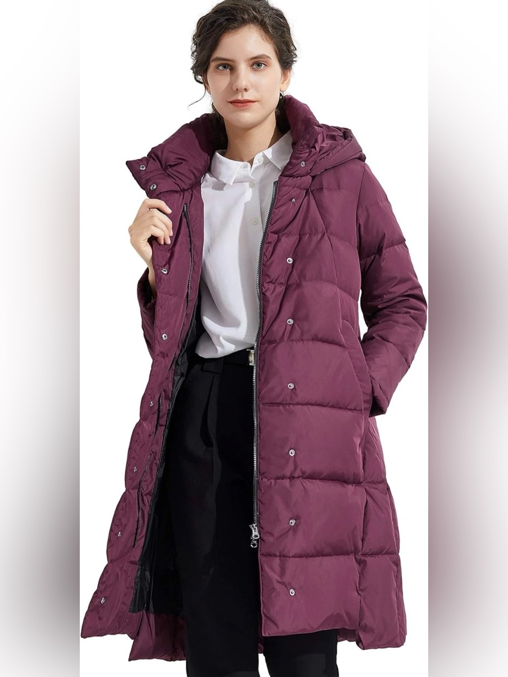 Orolay Women's Long Hooded Puffer Coat in Burgundy